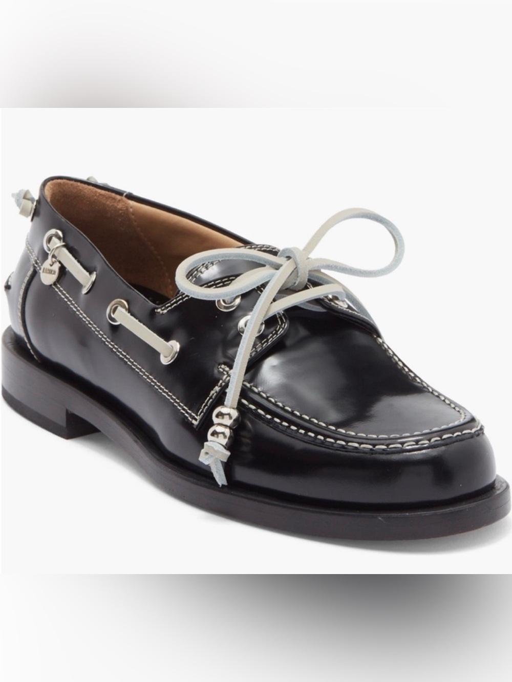 Labucq Black Leather Boat Loafer with White Laces Size 42 or 10.5